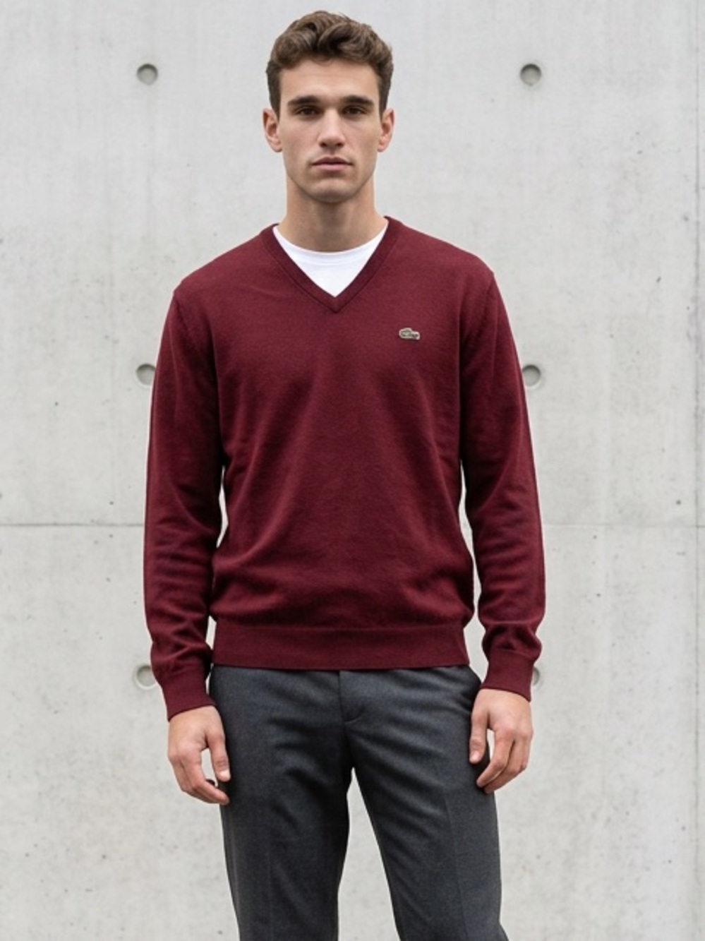 Men`s Lacoste Sweater Pullover V-Neck burgundy/red Cotton Size 6